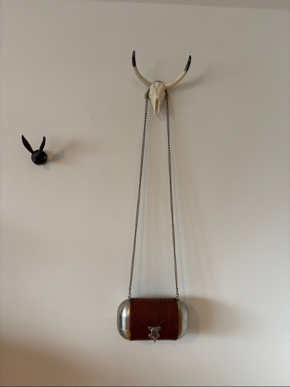 Unique Brown Leather and Silver métal Crossbody Bag